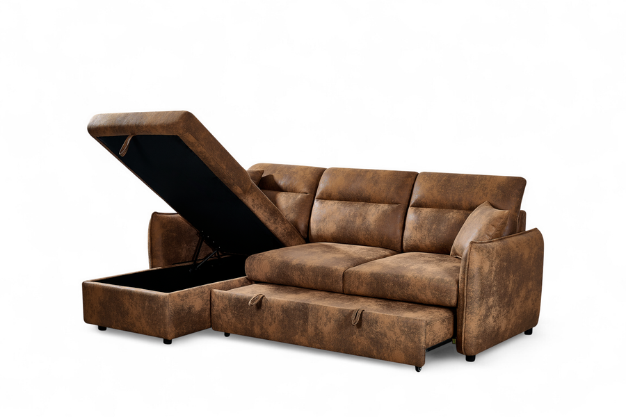 Archie Faux Leather Suede Brown Corner Sofabed with Storage