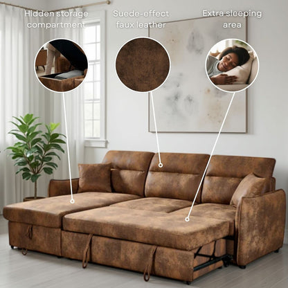 Archie Faux Leather Suede Brown Corner Sofabed with Storage