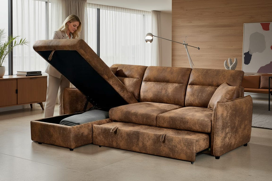 Archie Faux Leather Suede Brown Corner Sofabed with Storage