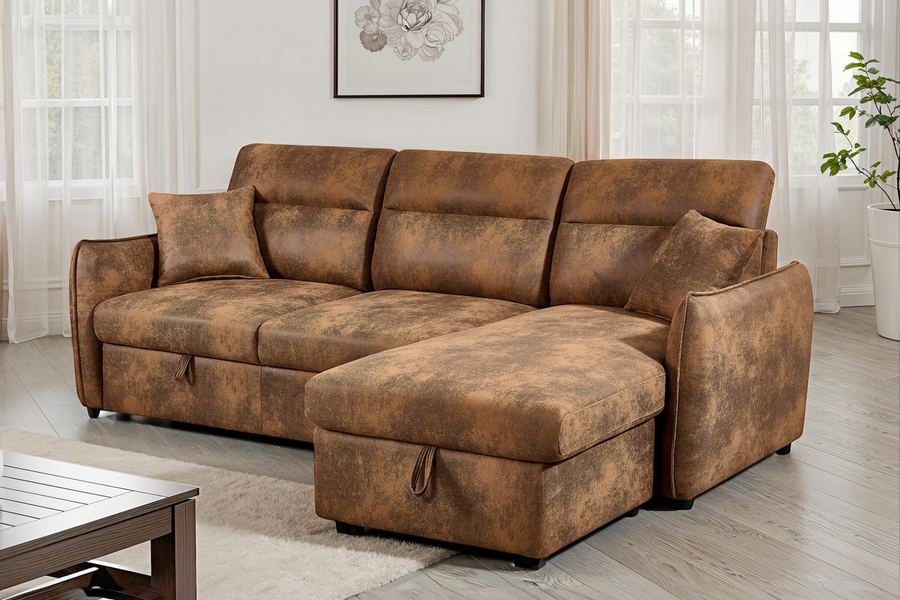 Archie Faux Leather Suede Brown Corner Sofabed with Storage