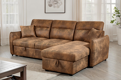 Archie Faux Leather Suede Brown Corner Sofabed with Storage