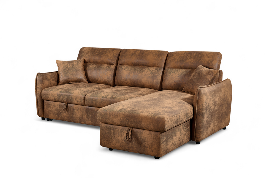 Archie Faux Leather Suede Brown Corner Sofabed with Storage