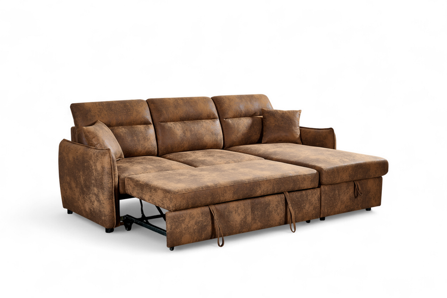 Archie Faux Leather Suede Brown Corner Sofabed with Storage