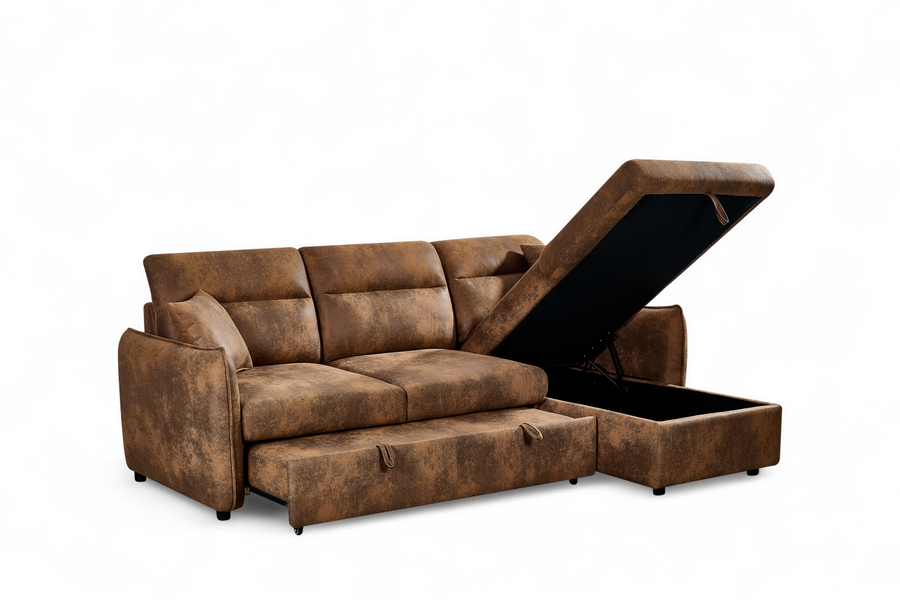 Archie Faux Leather Suede Brown Corner Sofabed with Storage