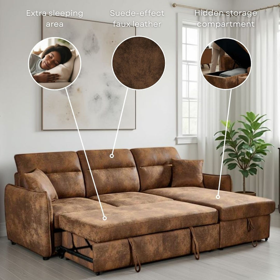 Archie Faux Leather Suede Brown Corner Sofabed with Storage