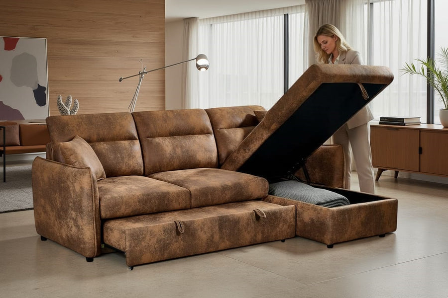 Archie Faux Leather Suede Brown Corner Sofabed with Storage