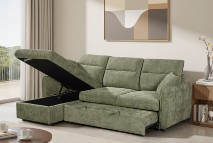 Archie Green Chenille Fabric Corner Sofabed with Storage