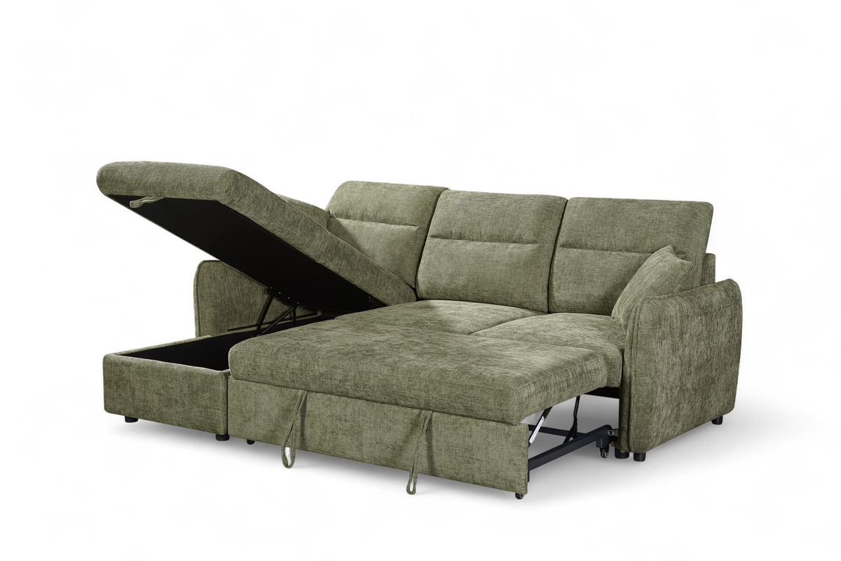 Archie Green Chenille Fabric Corner Sofabed with Storage