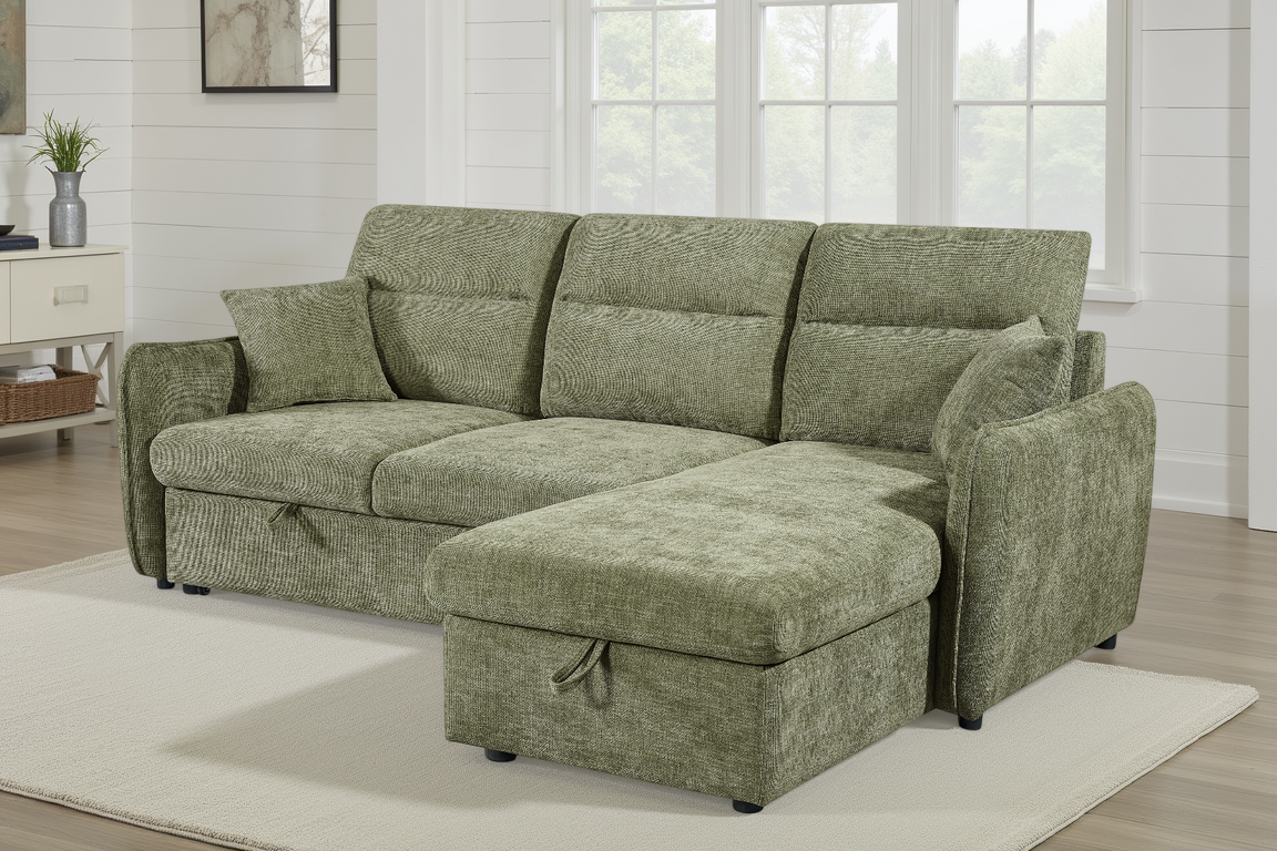 Archie Green Chenille Fabric Corner Sofabed with Storage
