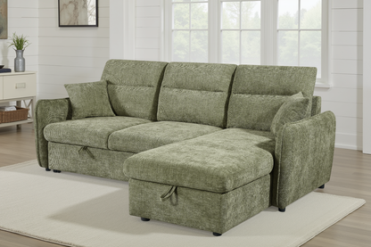 Archie Green Chenille Fabric Corner Sofabed with Storage