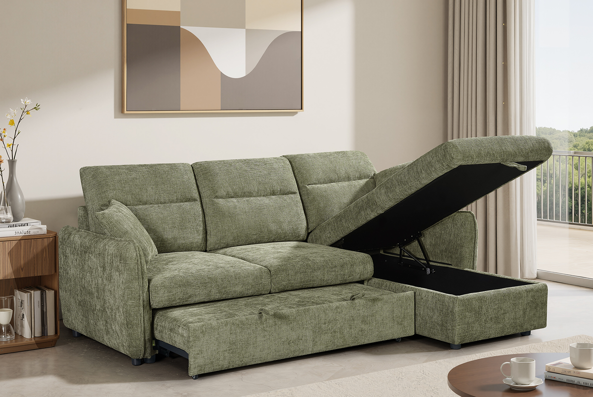 Archie Green Chenille Fabric Corner Sofabed with Storage