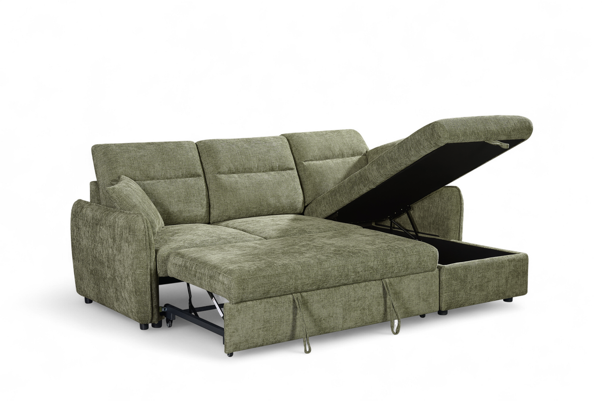 Archie Green Chenille Fabric Corner Sofabed with Storage