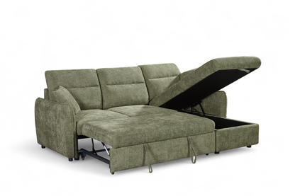 Archie Green Chenille Fabric Corner Sofabed with Storage