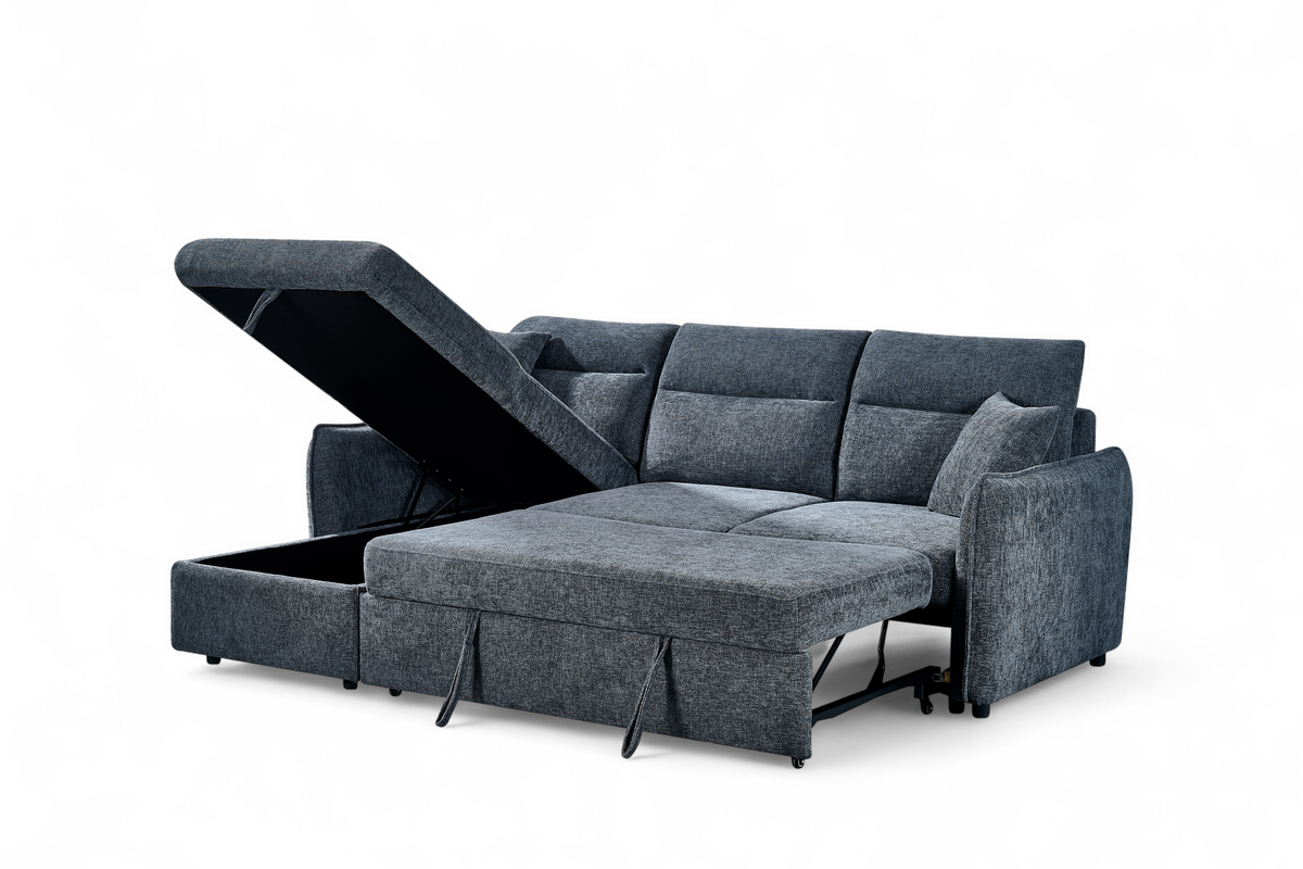 Archie Pale Blue Chenille Fabric Corner Sofabed with Storage