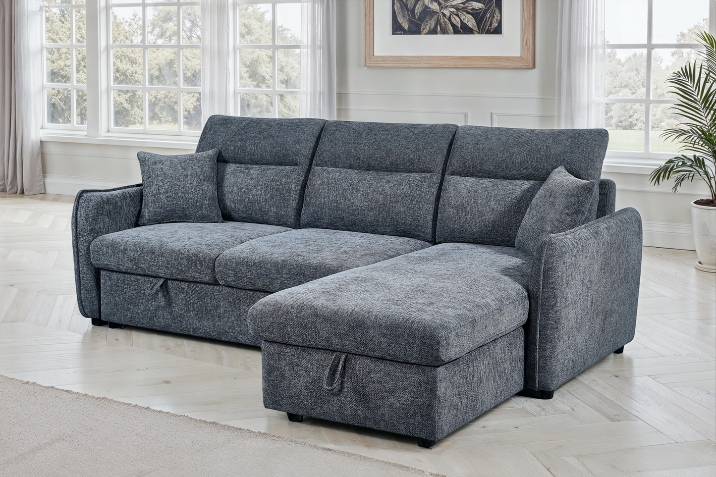 Archie Pale Blue Chenille Fabric Corner Sofabed with Storage