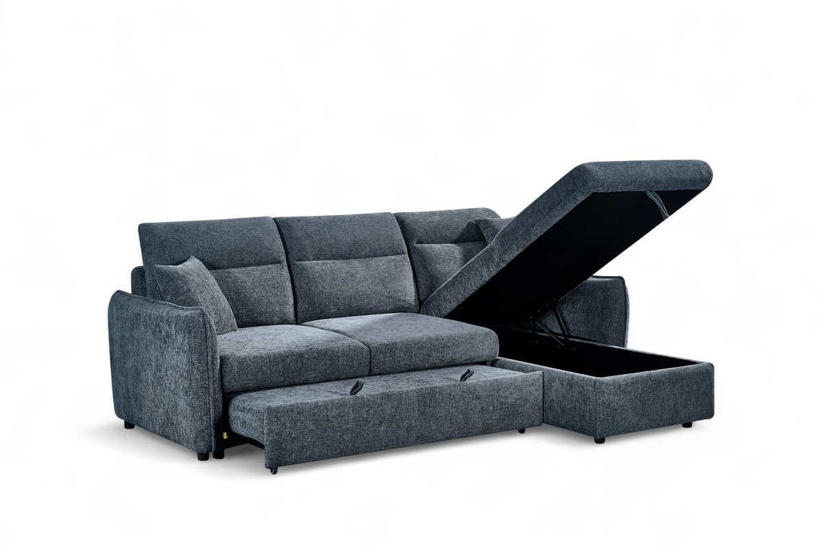 Archie Pale Blue Chenille Fabric Corner Sofabed with Storage