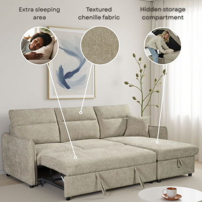 Archie Pale Blue Chenille Fabric Corner Sofabed with Storage
