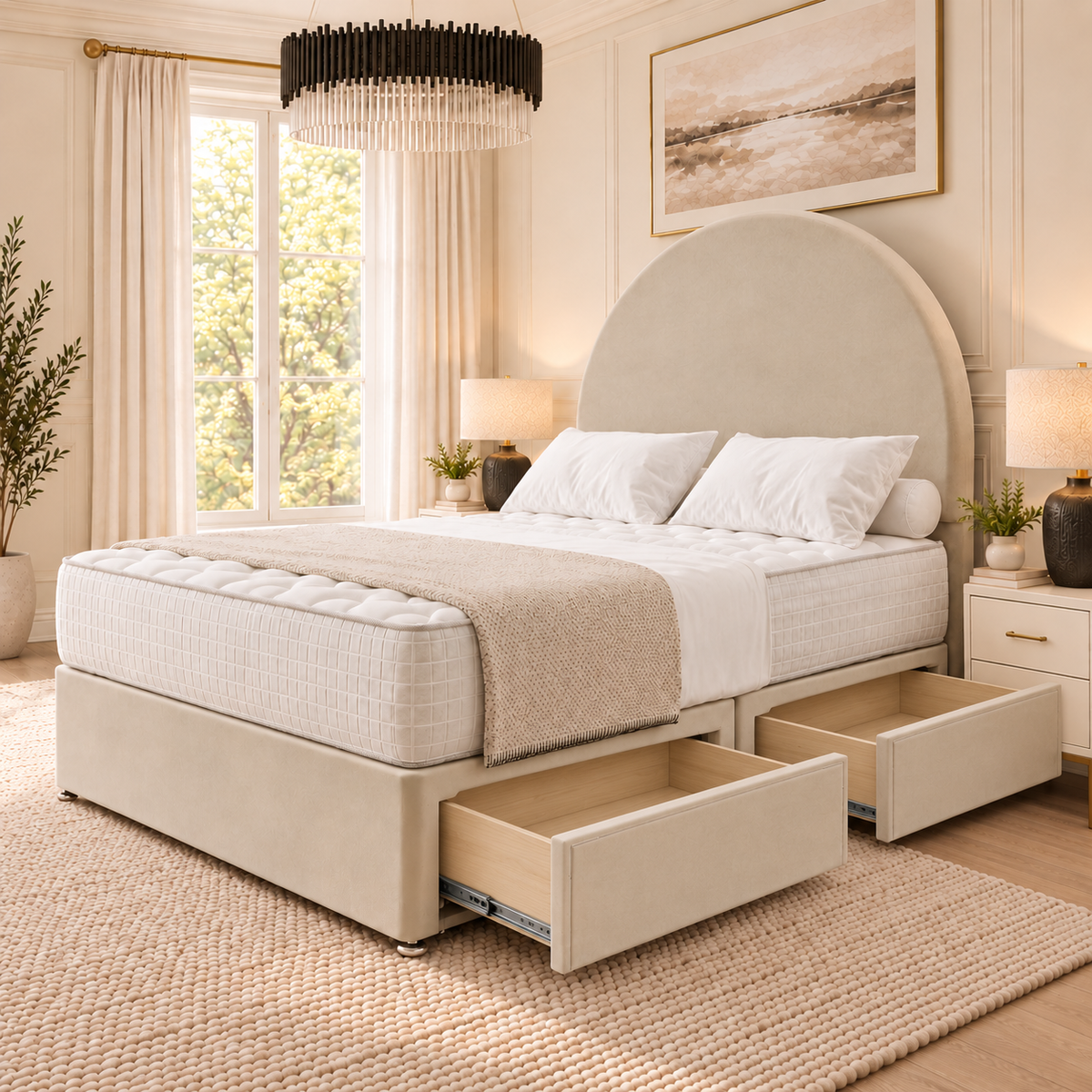 Arden Arch Divan Bed in champagne beige upholstery, two optional side drawers open