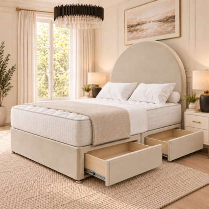 Arden Arch Divan Bed in champagne beige upholstery, two optional side drawers open