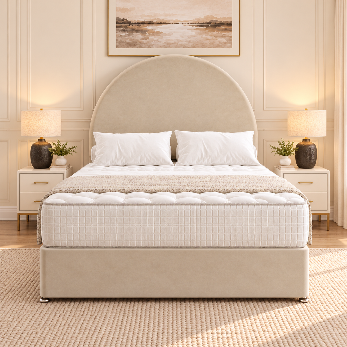 Arden Arch Divan Bed in champagne beige upholstery, straight-on front view, 54 inch headboard
