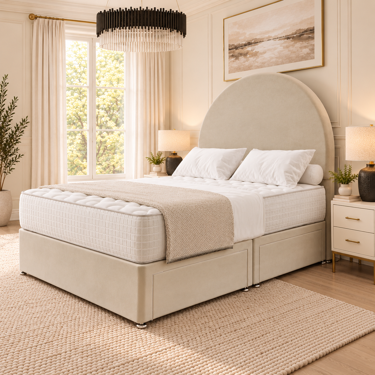 Arden Arch Divan Bed in champagne beige upholstery, opposite-corner view with closed optional drawers
