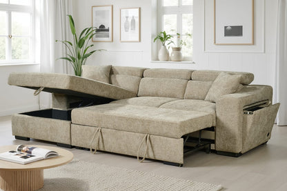 Arthur Beige Chenille Fabric Corner Sofabed with Storage