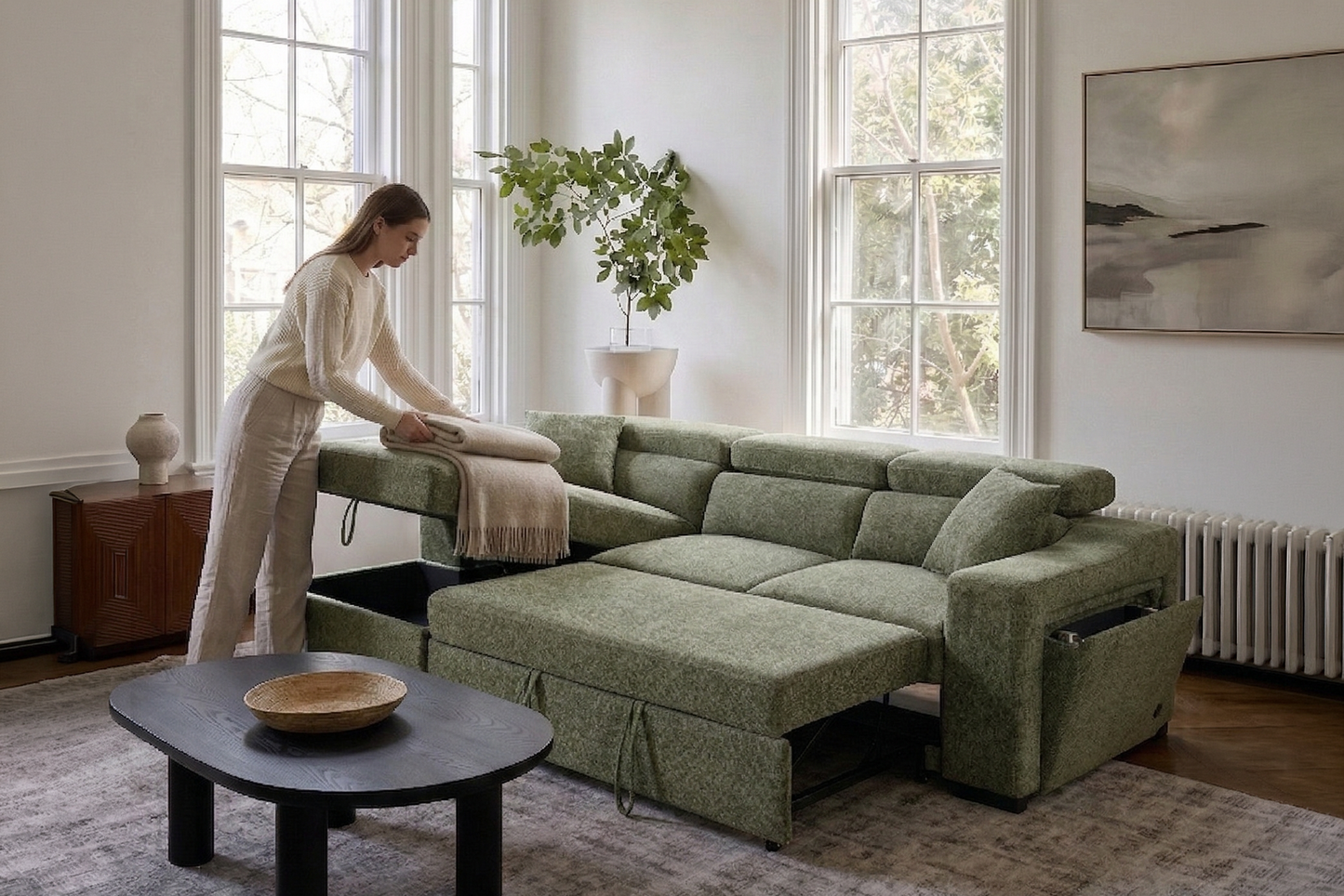 Arthur Beige Chenille Fabric Corner Sofabed with Storage