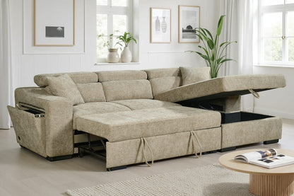 Arthur Beige Chenille Fabric Corner Sofabed with Storage