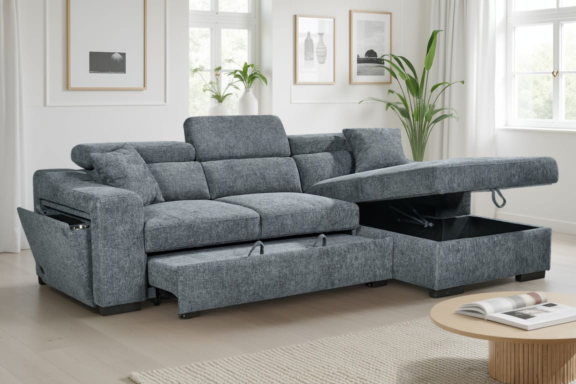 Arthur Blue Chenille Fabric Corner Sofabed with Storage