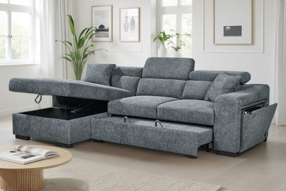 Arthur Blue Chenille Fabric Corner Sofabed with Storage