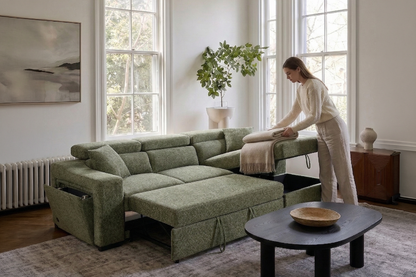 Arthur Blue Chenille Fabric Corner Sofabed with Storage