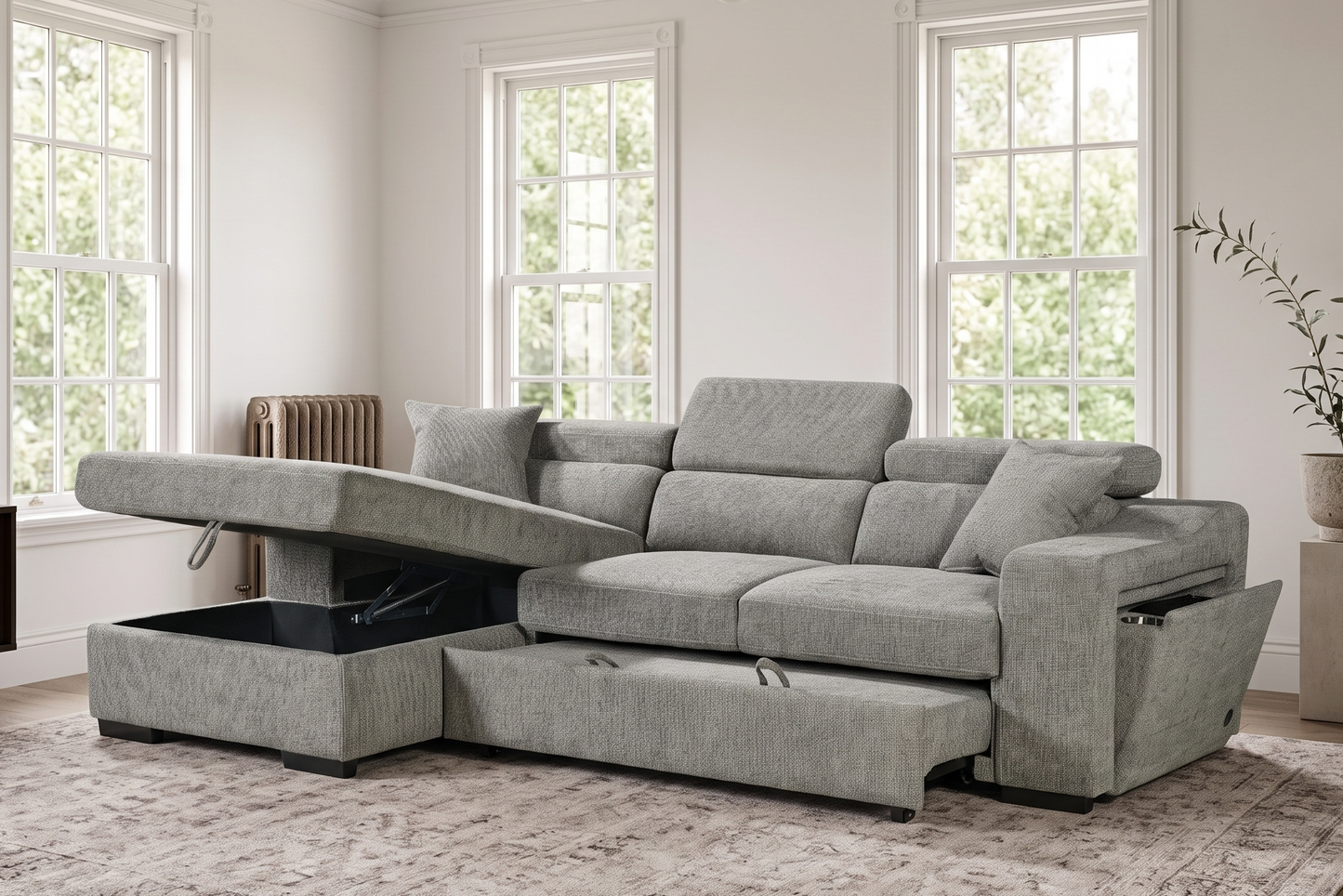 Arthur Grey Chenille Fabric Corner Sofabed with Storage