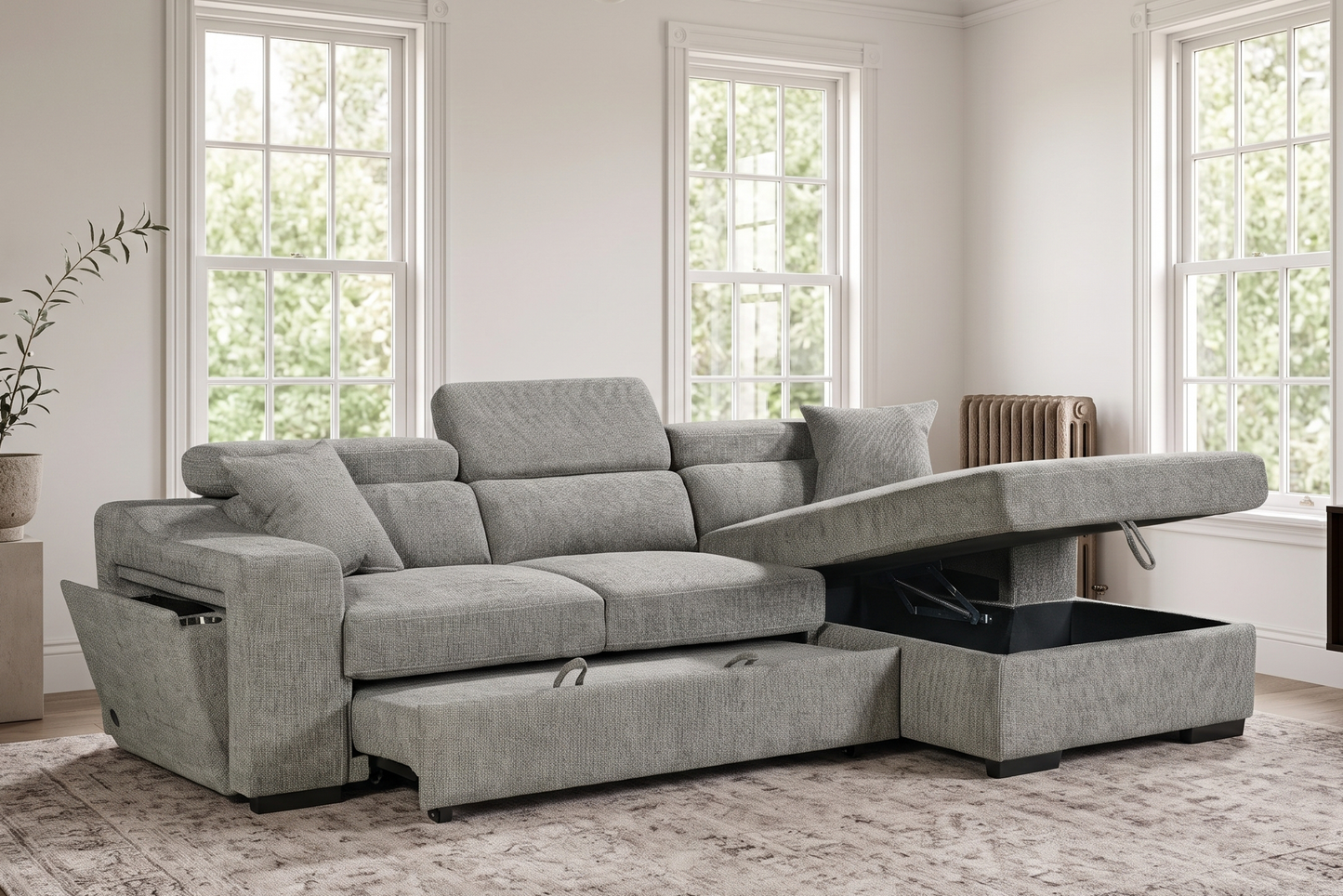 Arthur Grey Chenille Fabric Corner Sofabed with Storage