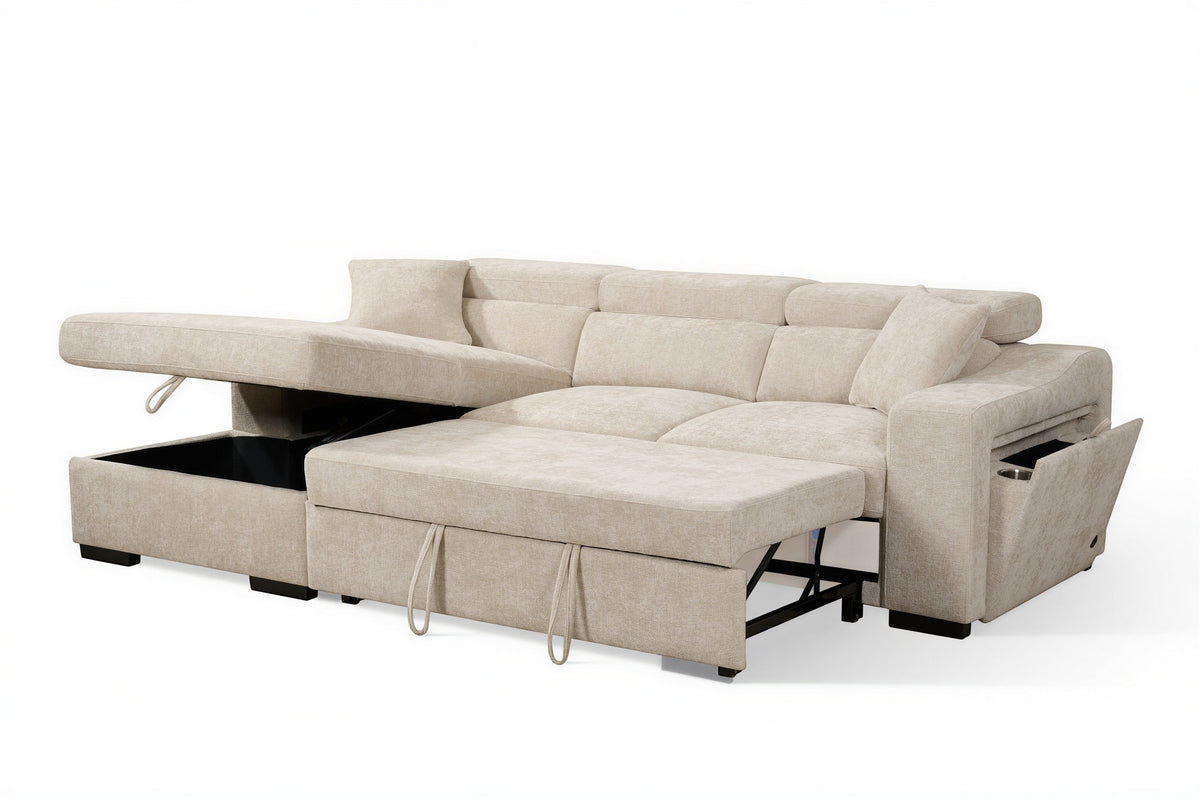 Arthur Light Beige Chenille Fabric Corner Sofabed with Storage – Left Hand Side – gallery view 2