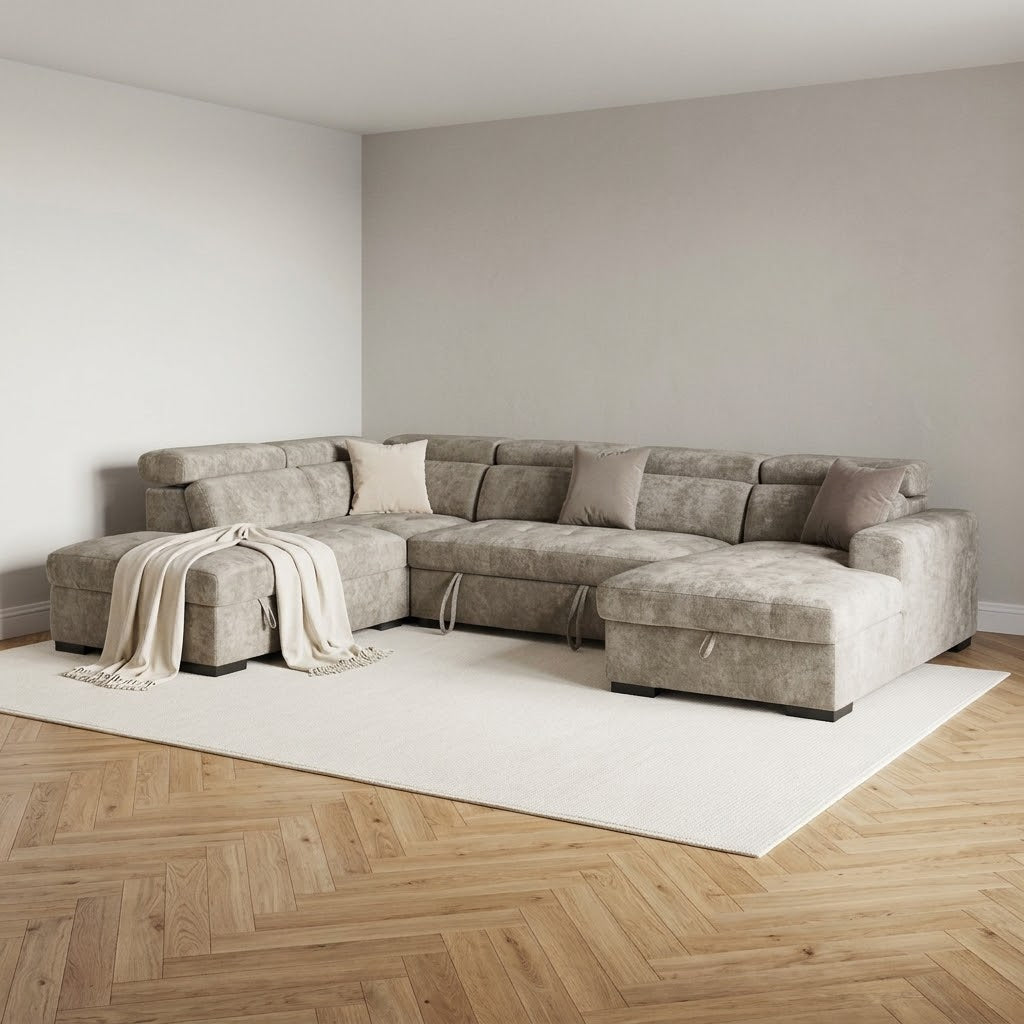 August U Shape Style Storage Sofa Bed With Ottoman - Beige Chenille - main image