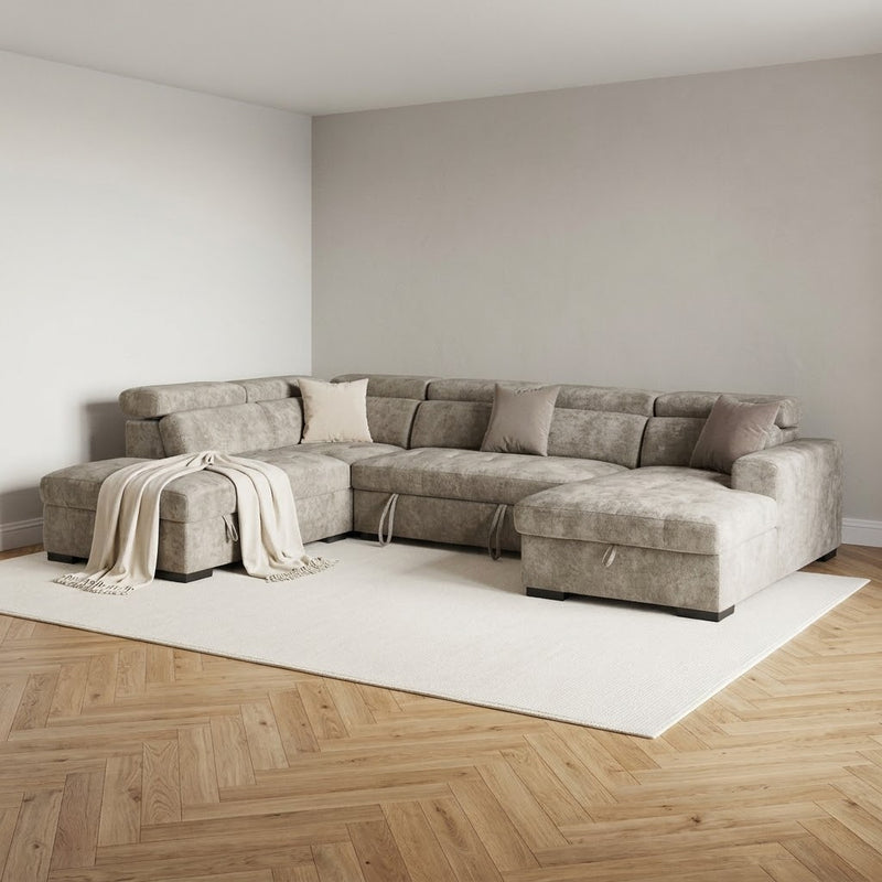 August U Shape Style Storage Sofa Bed With Ottoman - Beige Chenille