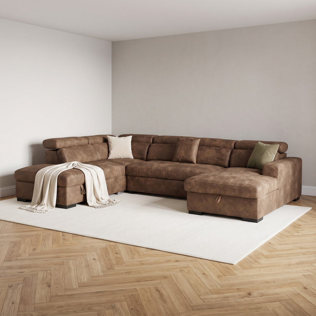 August U Shape Style Storage Sofa Bed With Ottoman - Brown Suede Leather - main image