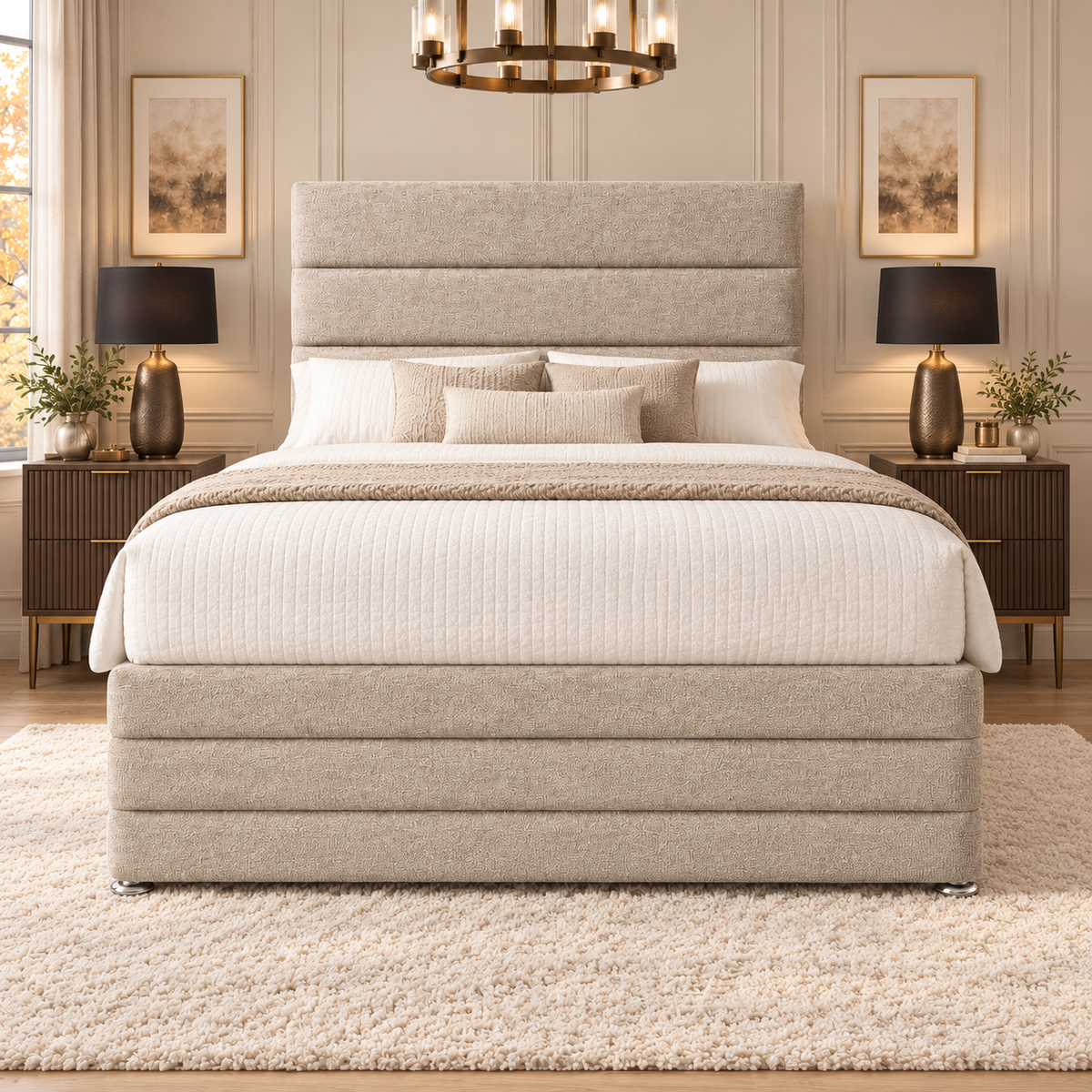 Aurelia divan bed in warm oatmeal beige textured Coniston upholstery, front view