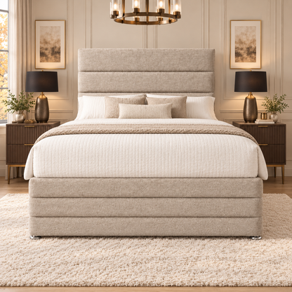 Aurelia divan bed in warm oatmeal beige textured Coniston upholstery, front view