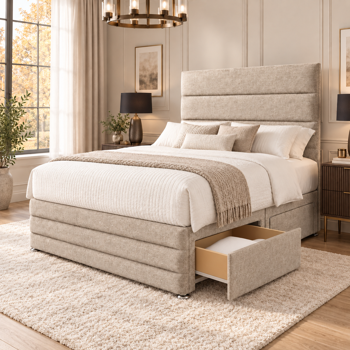 Aurelia divan bed in warm oatmeal beige textured Coniston upholstery, side view with optional drawer storage open