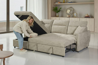 Archie Beige Chenille Fabric Corner Sofabed with Storage