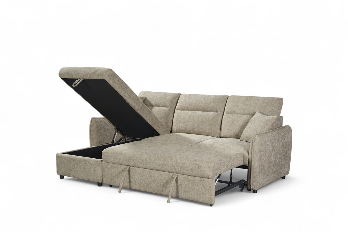 Archie Beige Chenille Fabric Corner Sofabed with Storage