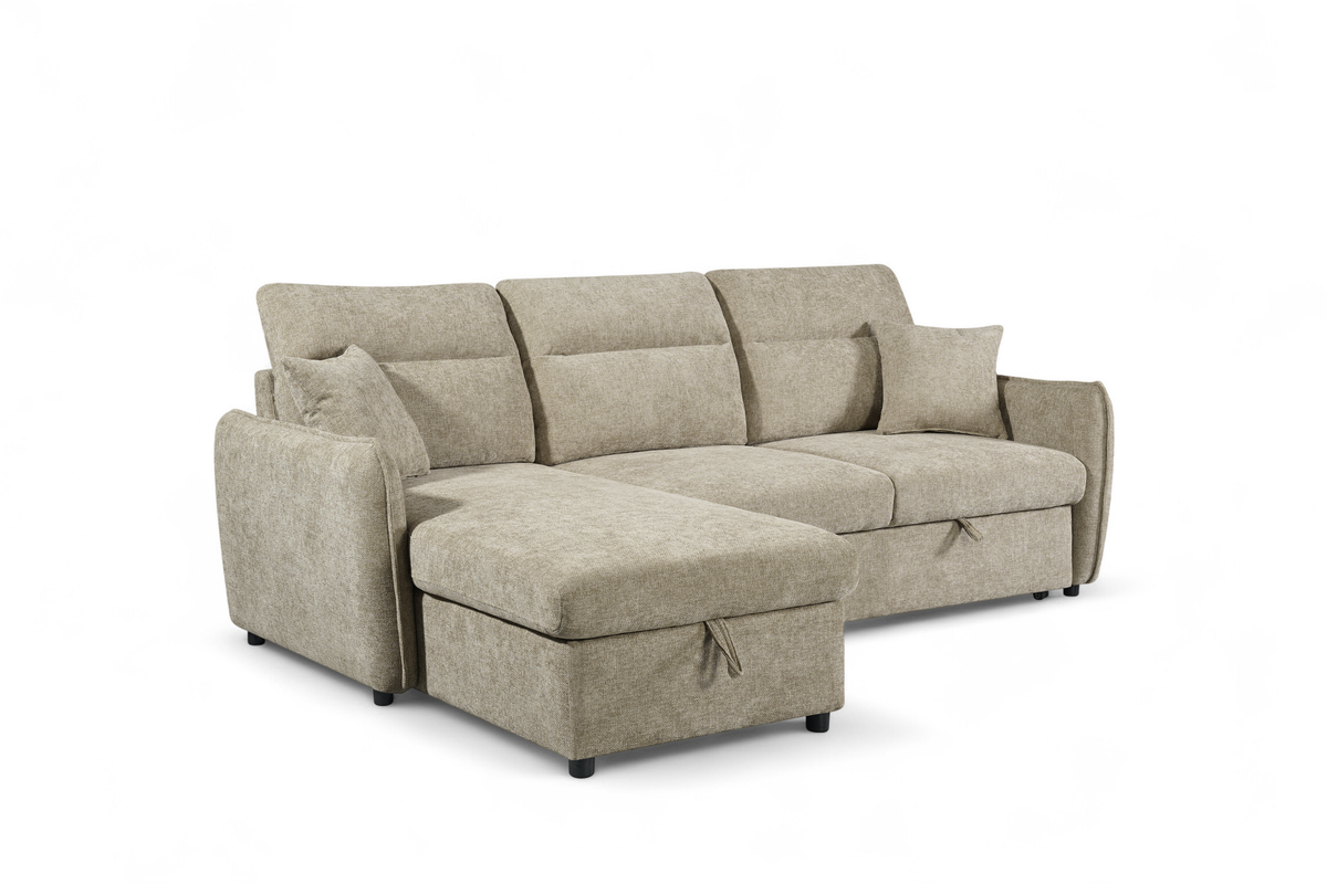 Archie Beige Chenille Fabric Corner Sofabed with Storage