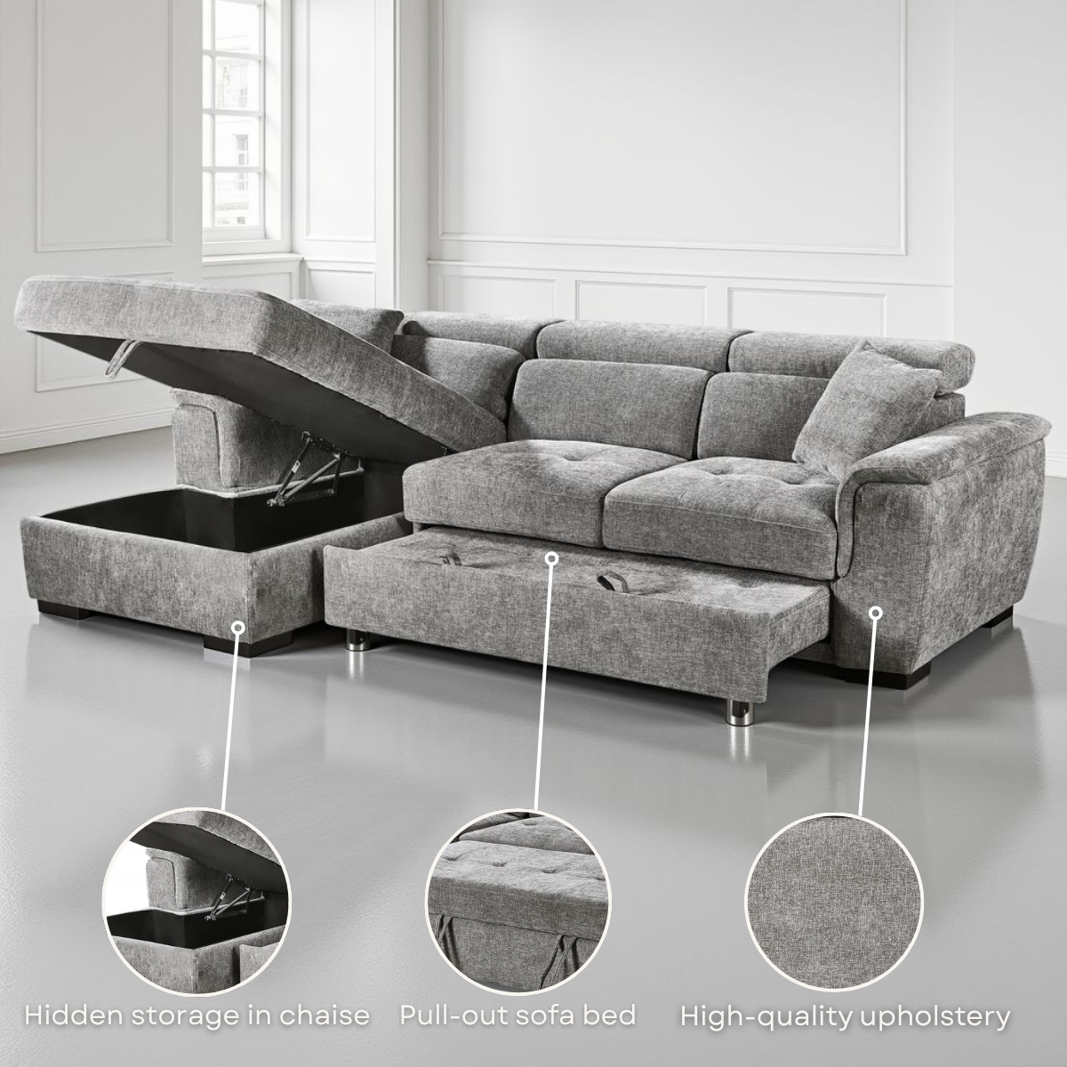 Beige Chenille Fabric Corner Sofabed with Storage