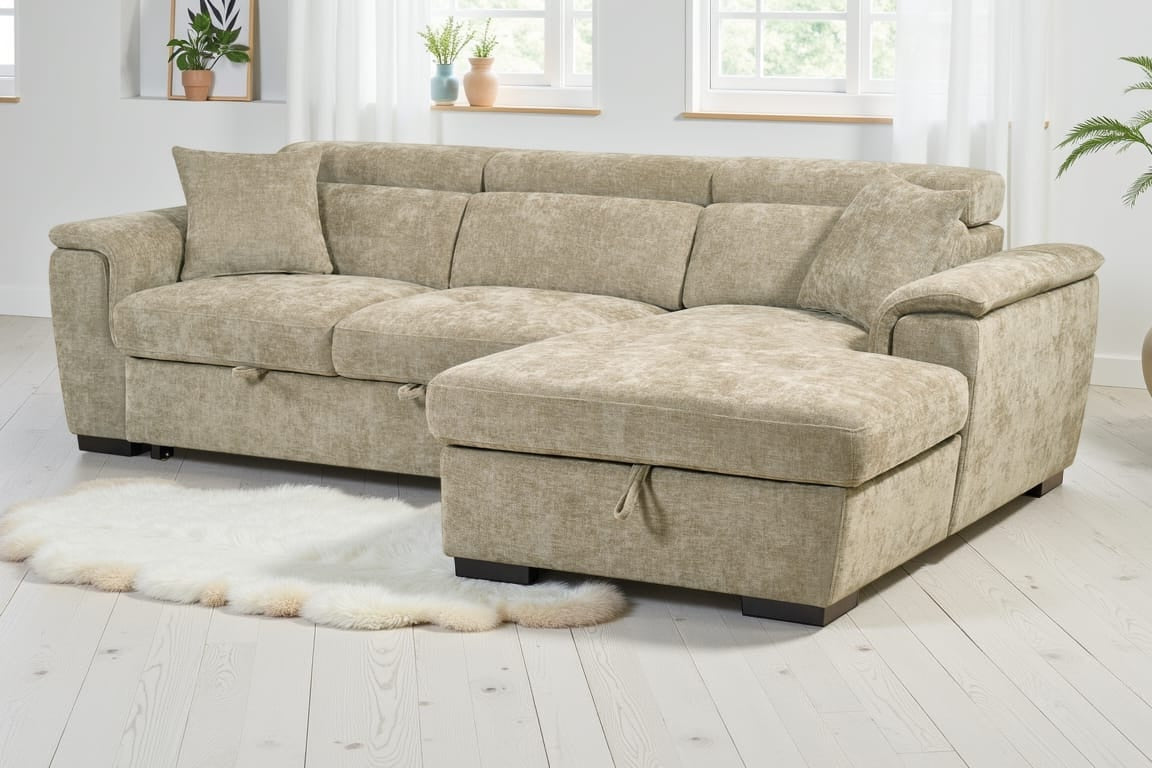 Beige Chenille Fabric Corner Sofabed with Storage