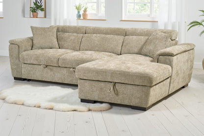 Beige Chenille Fabric Corner Sofabed with Storage