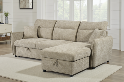 Archie Beige Chenille Fabric Corner Sofabed with Storage