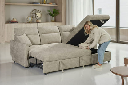 Archie Beige Chenille Fabric Corner Sofabed with Storage