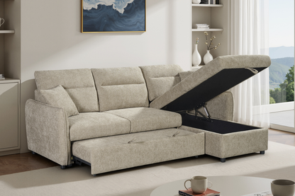 Archie Beige Chenille Fabric Corner Sofabed with Storage