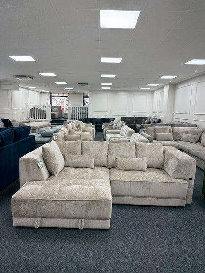 Brooklyn Light Beige left-hand electric storage sofa bed, showroom front view